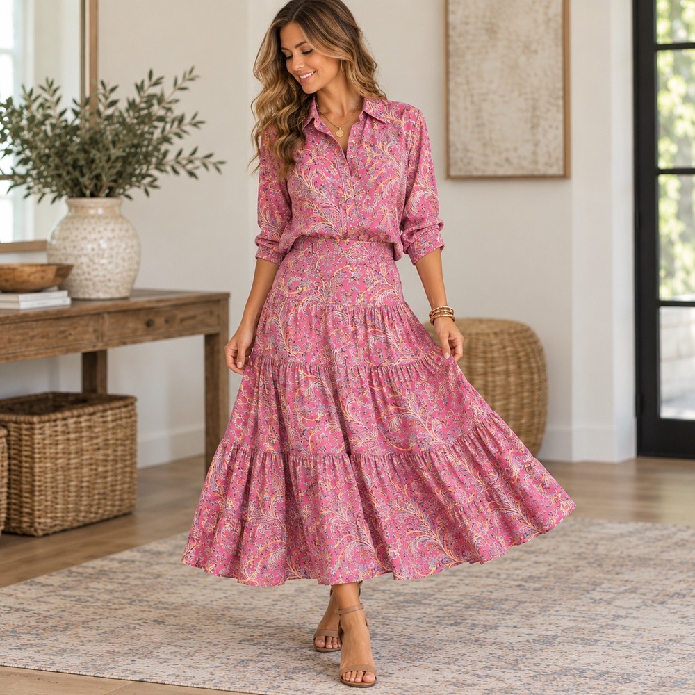 Lauren Ralph Lauren S Pink Paisley 2 Piece Shirt Tiered Maxi Skirt Boho Set